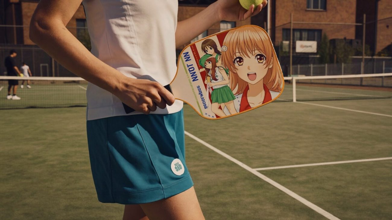 Person wearing an anime-inspired custom pickleball paddle in an editorial scene