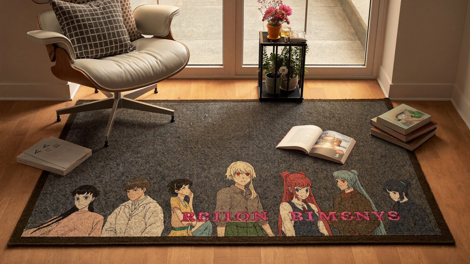 Anime-inspired custom rugs styled in a natural daylight scene