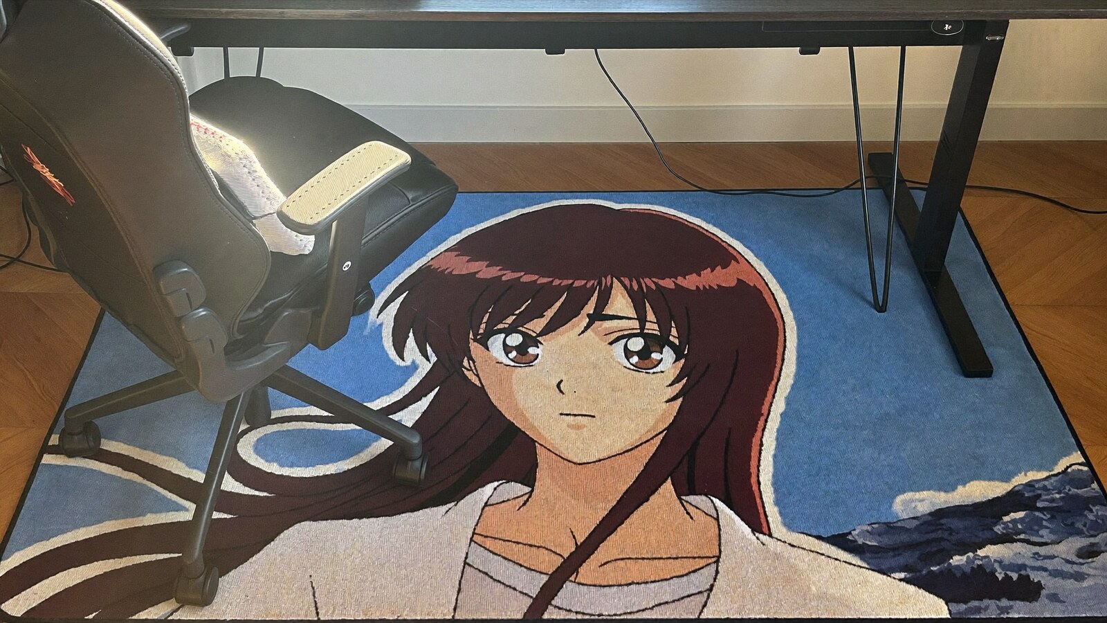 Anime-inspired custom rugs in a social or layered scene with friends