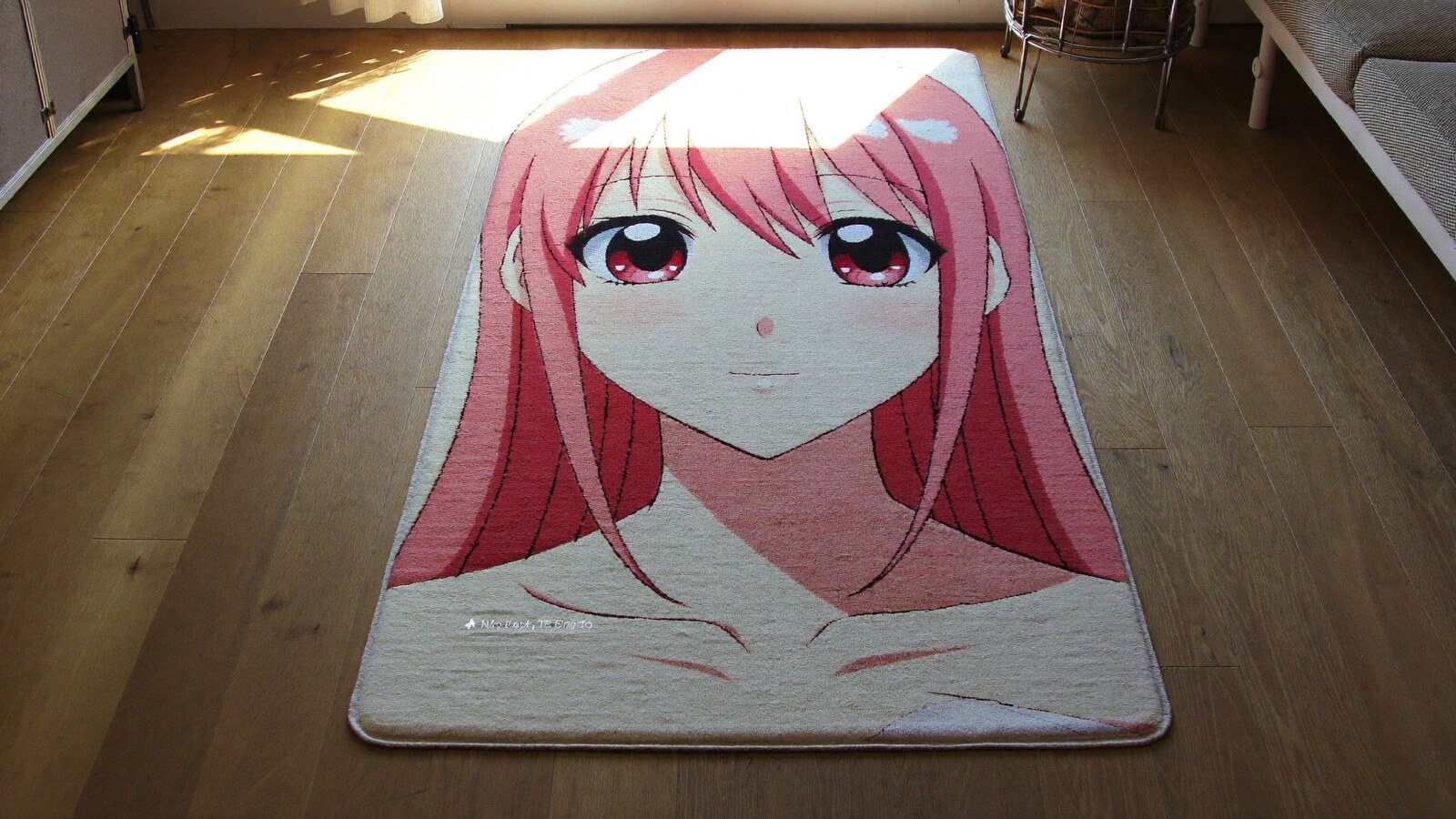 Anime-inspired custom rugs styled in a cinematic scene