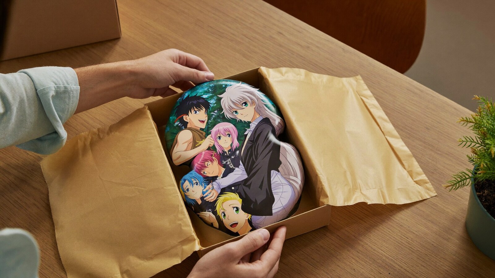 Anime-inspired custom shape ornament in a social or layered scene with friends