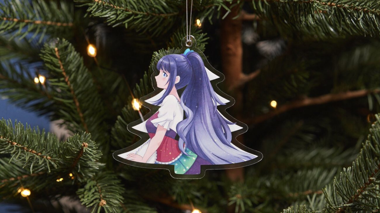 Person wearing an anime-inspired custom shape ornament in an editorial scene