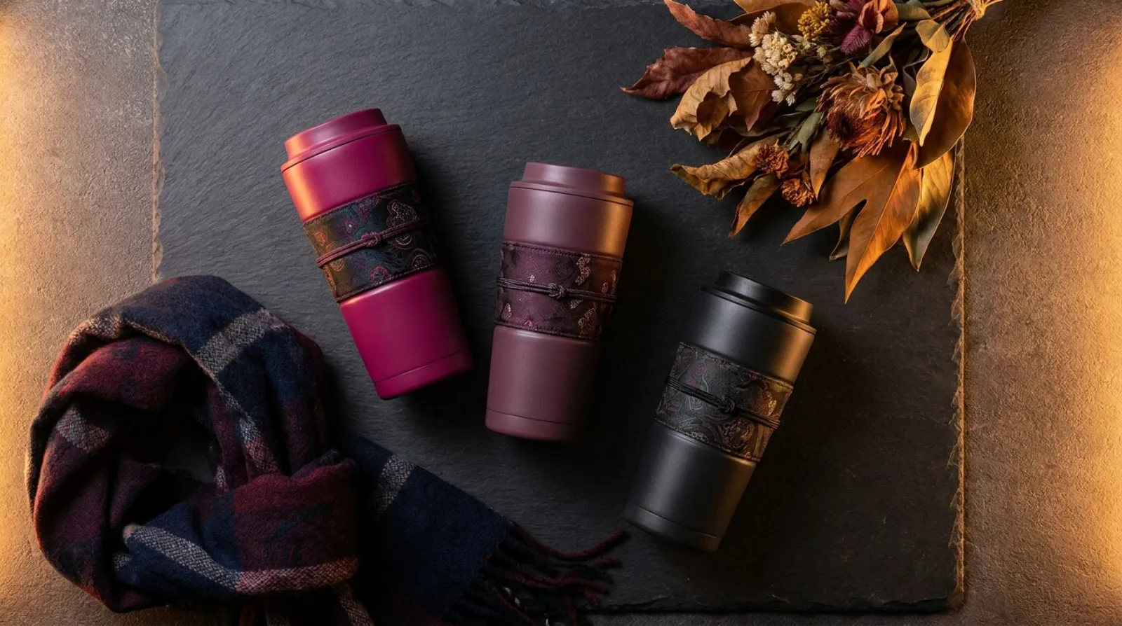 Deep magenta and plum Daki merch tumblers with ornate sash patterns in a moody flat-lay