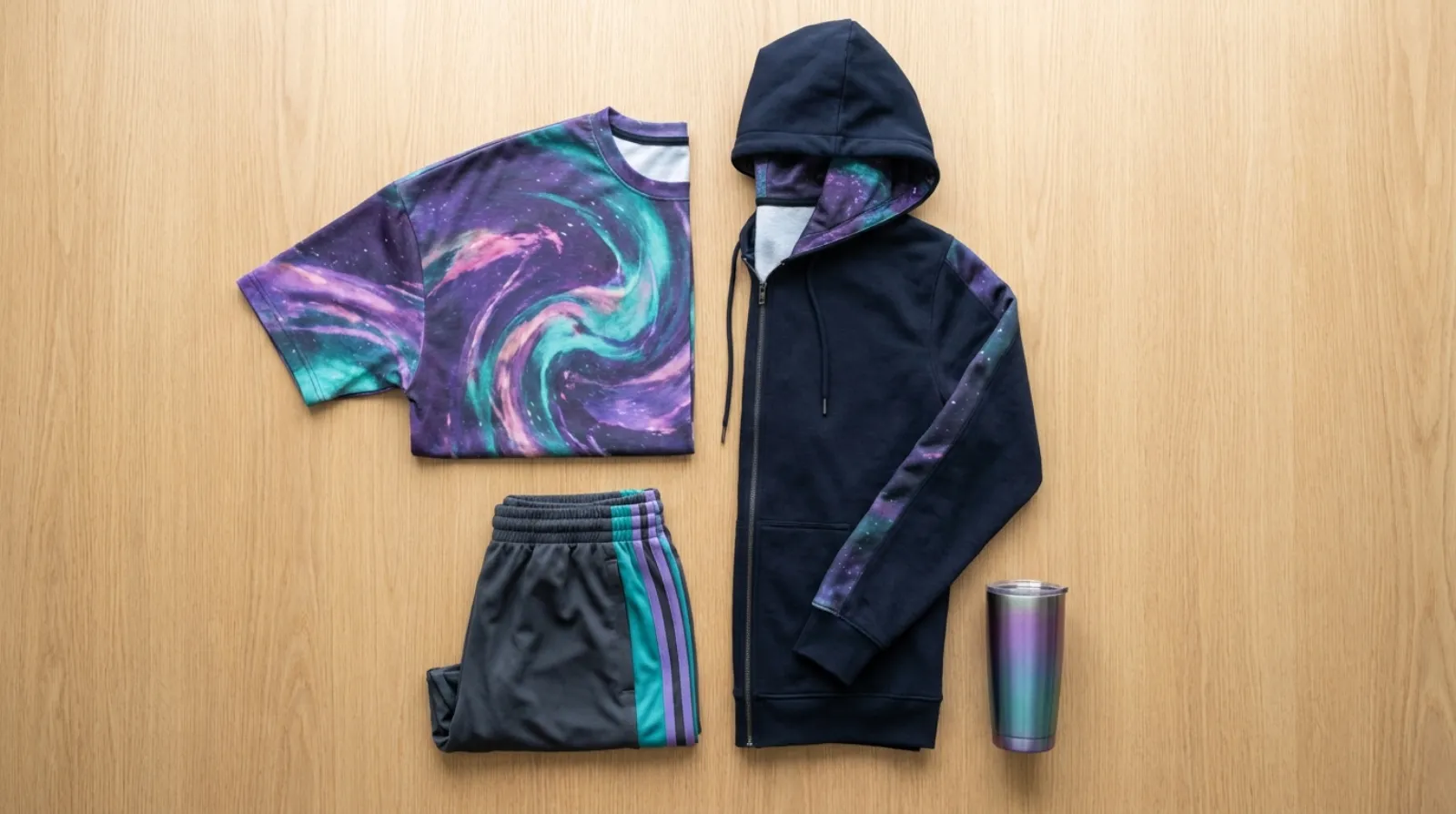 Dandadan merch flat lay with zip hoodie, graphic tee, gym shorts and tumbler in cosmic purple and teal