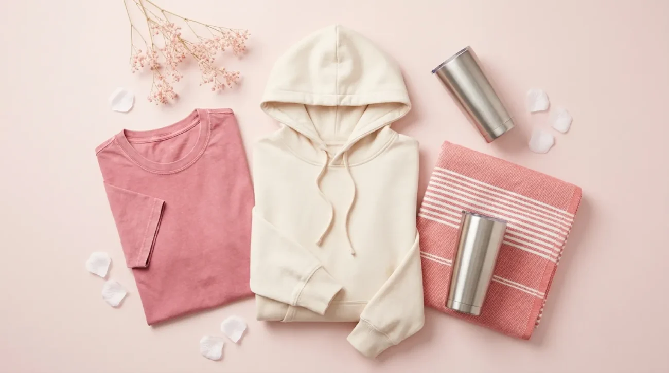 Flat-lay of dreamy pink and white blank apparel and home goods for a Darling in the Franxx merch lineup