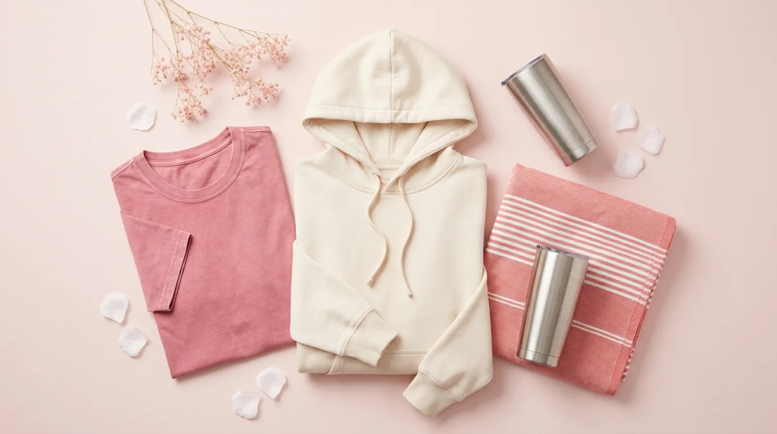 Flat-lay of dreamy pink and white blank apparel and home goods for a Darling in the Franxx merch lineup