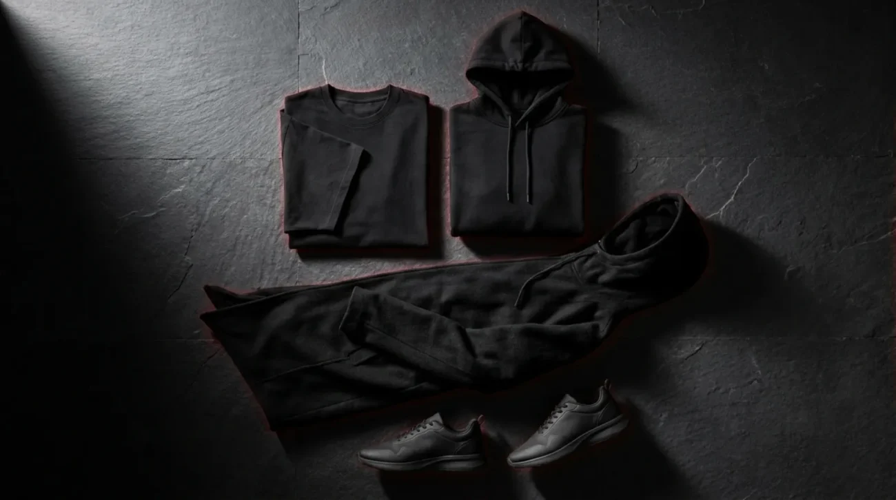 Darth Vader shirt and dark Star Wars apparel flat lay in black