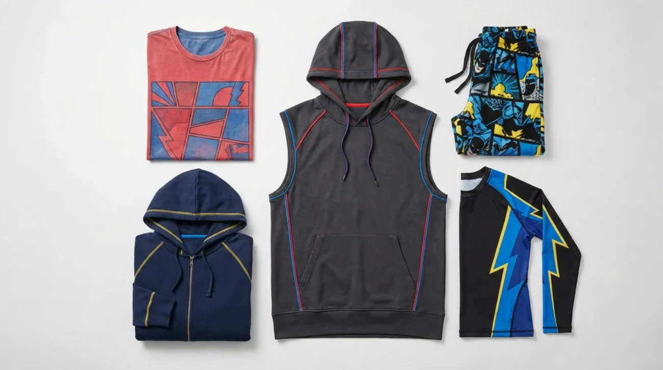 Flat-lay of DC Comics merch including a vintage hero tee, zip hoodie, and compression shirt on a gray background