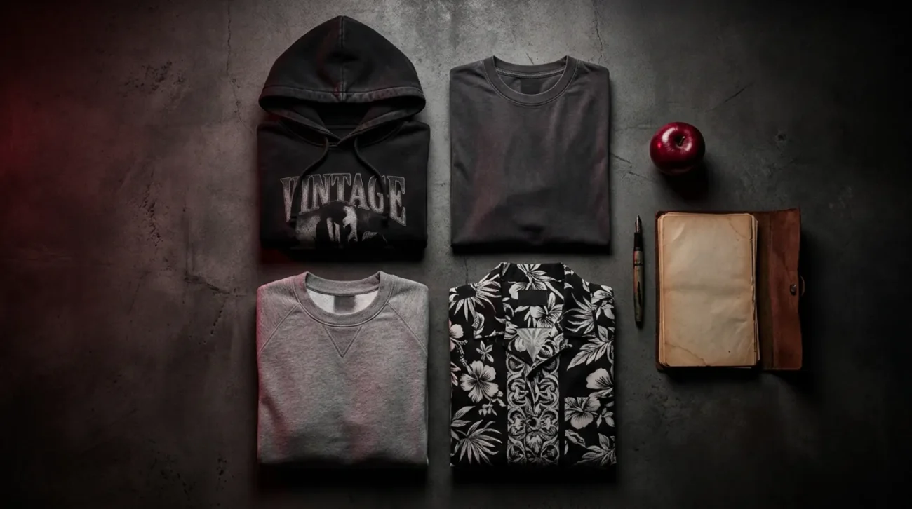 Death Note shirt and merch flat-lay with vintage Ryuk tee, noir hoodie and L symbol button-up in a dark gothic palette