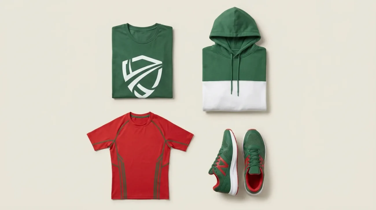 Deku merch apparel flat lay in green and red