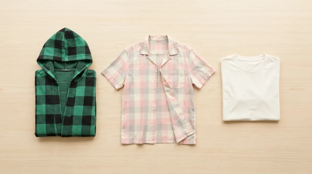 Demon Slayer merch flat lay with checkered cloak coat and button-up shirts