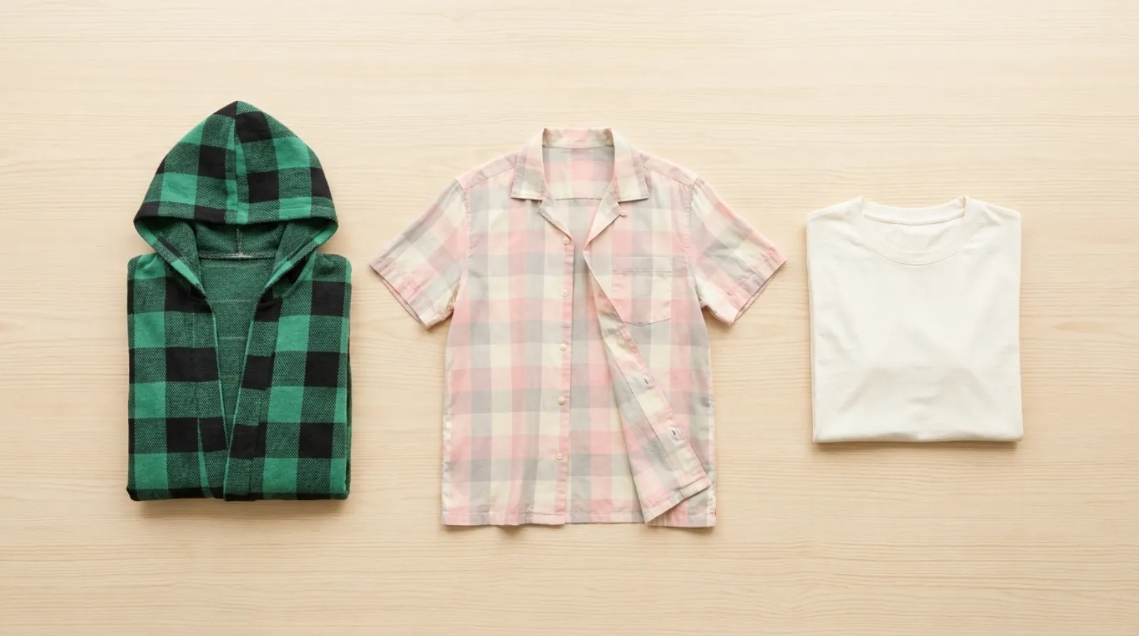 Demon Slayer merch flat lay with checkered cloak coat and button-up shirts