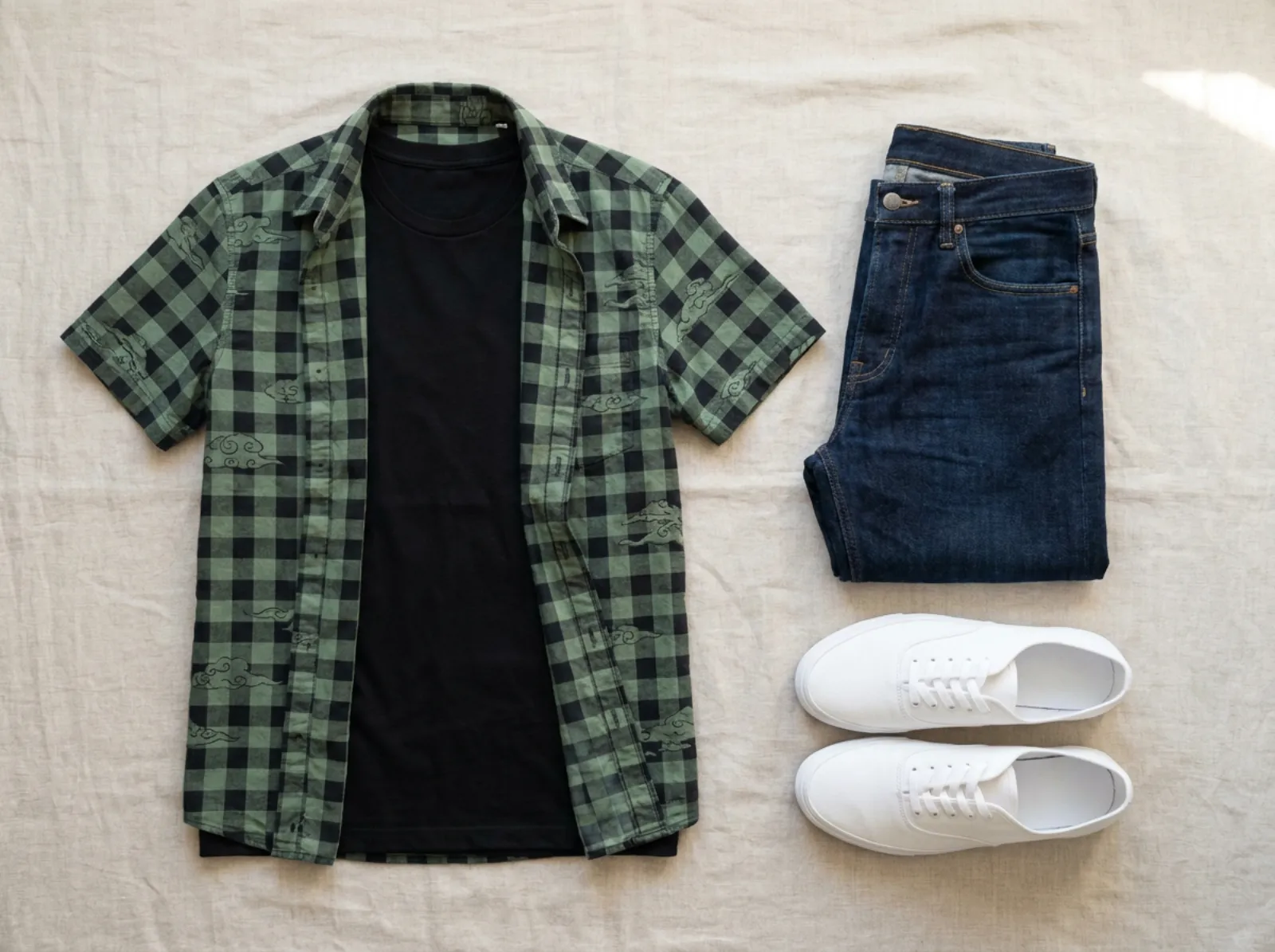Demon Slayer merch outfit pairing a checkered button-up over a black tee with dark denim