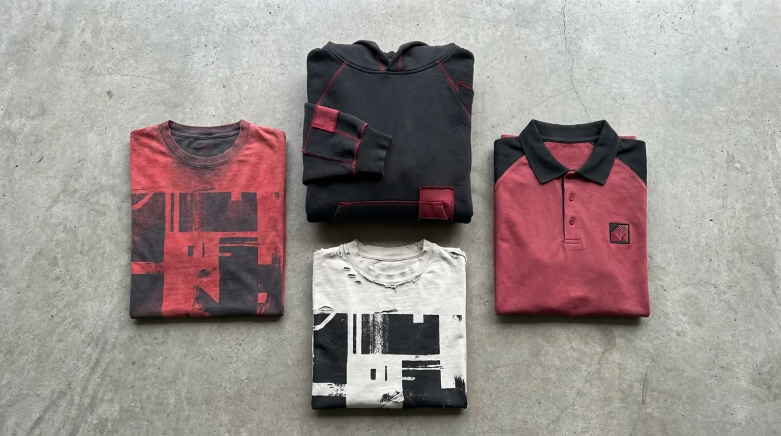 Flat-lay of Denji Chainsaw Man merch including vintage tees, a streetwear hoodie, and a polo shirt