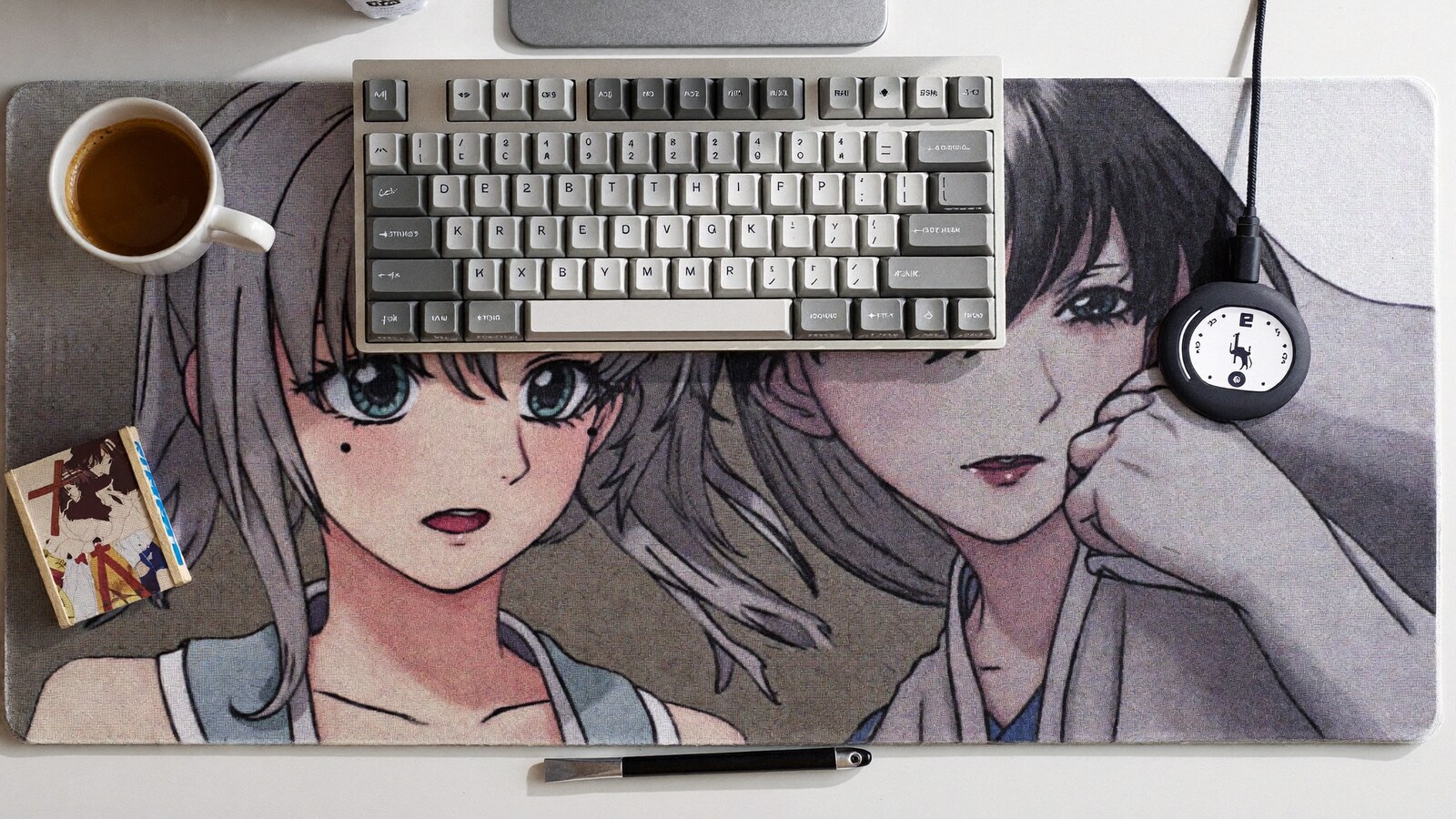 Anime-inspired desk mats styled in a natural daylight scene