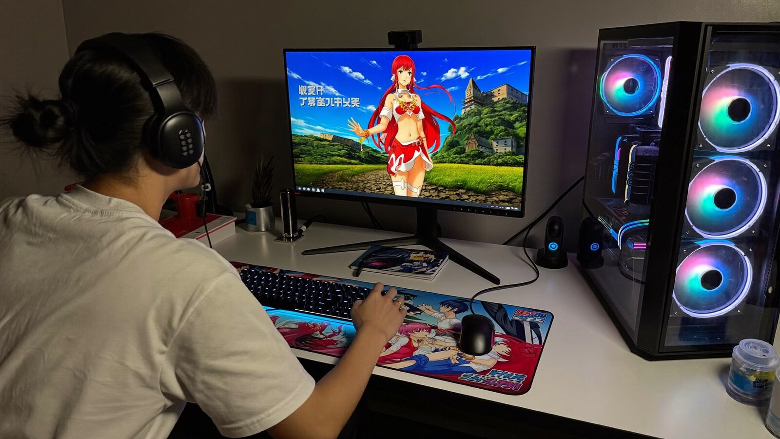 Anime-inspired desk mats in a social or layered scene with friends