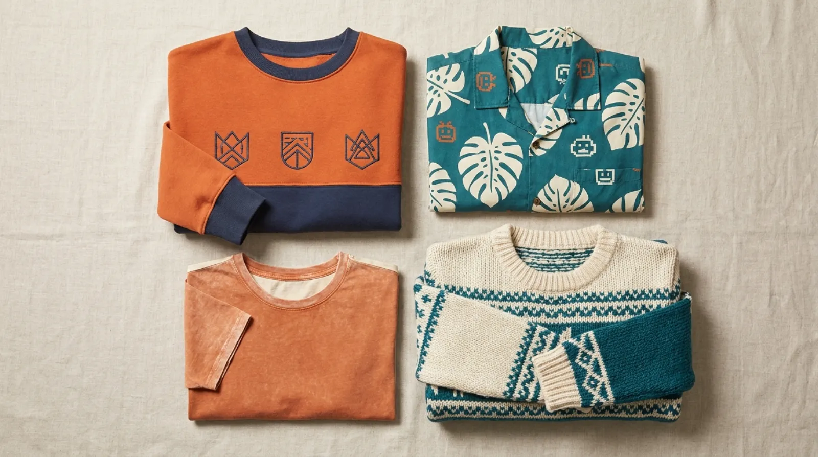 Digimon merch apparel flat lay in orange and teal with sweatshirt, button-up and tee