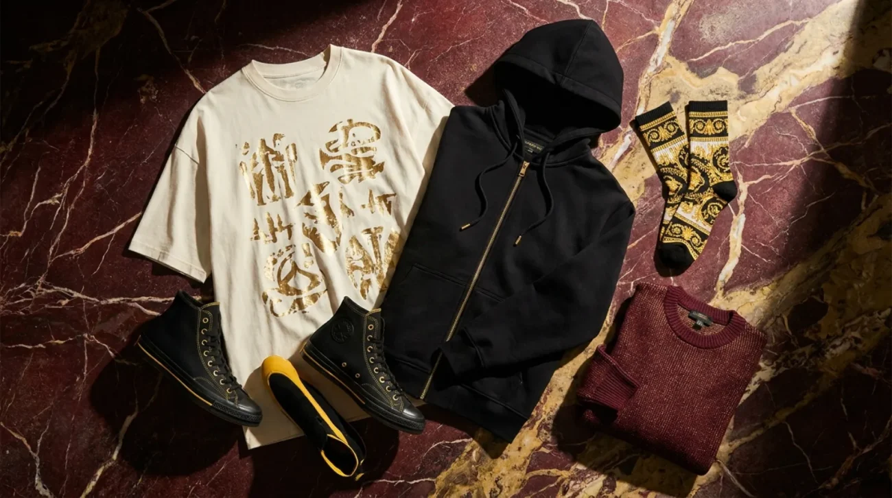 Dio Brando shirt and JoJo merch flat lay in gold and crimson villain-luxe palette