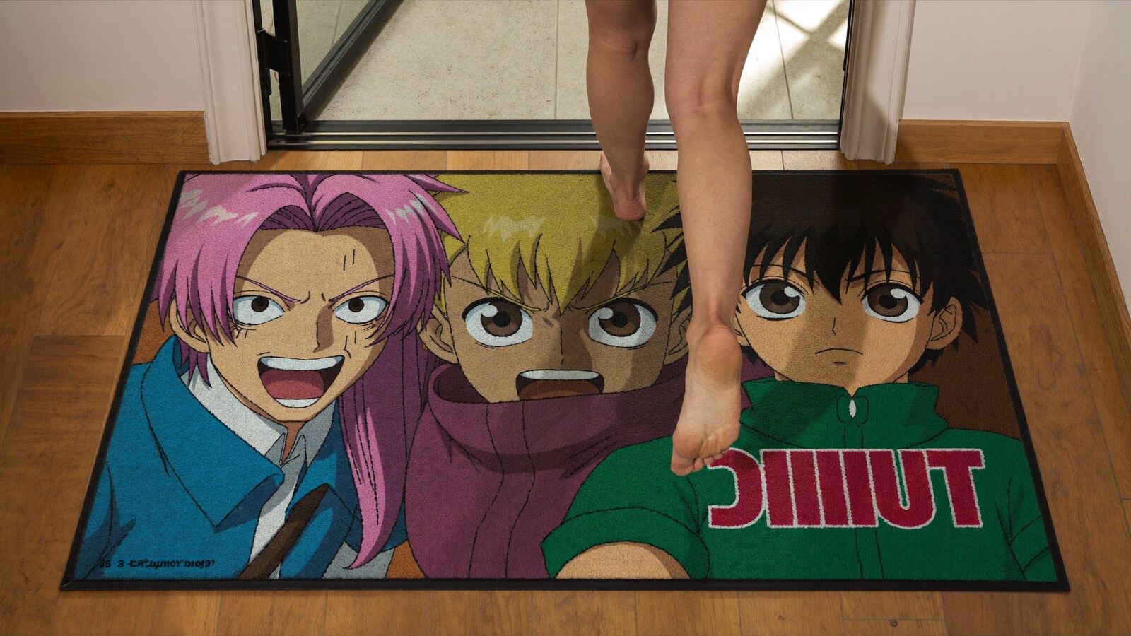 Anime-inspired door mats styled in a natural daylight scene
