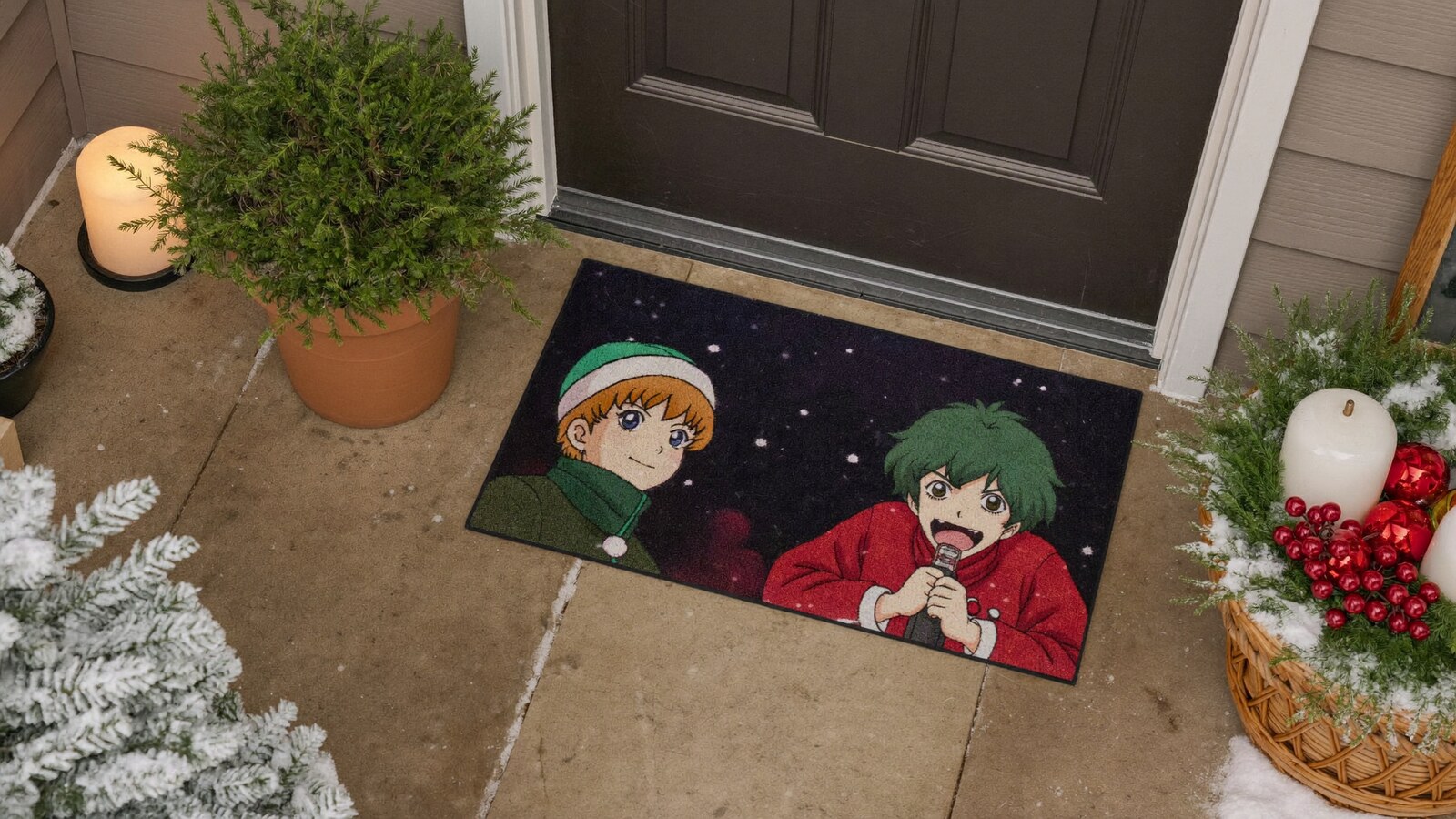 Anime-inspired door mats in a social or layered scene with friends