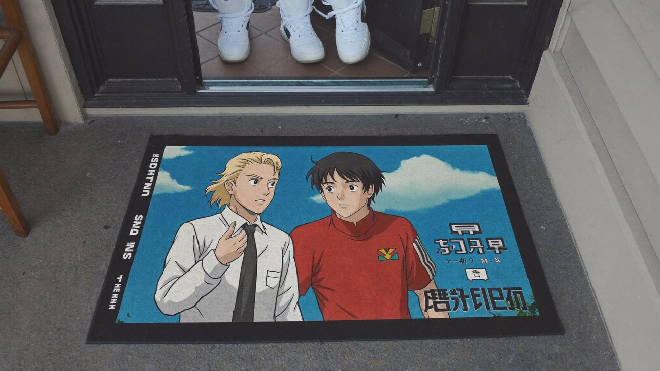 Anime-inspired door mats styled in a cinematic scene