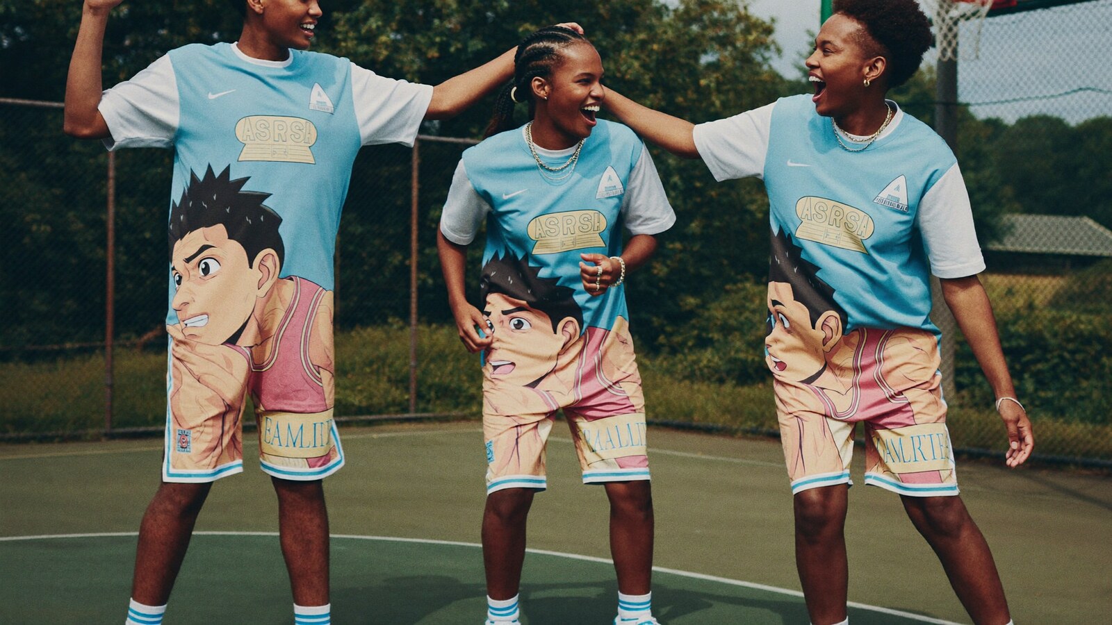Anime-inspired double layer basketball shorts in a social or layered scene with friends