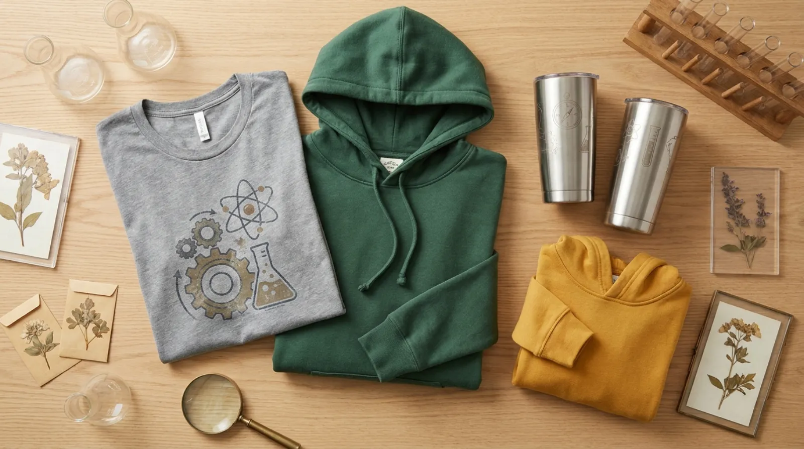 Dr. Stone merch flat lay with vintage graphic tee, hoodie and tumblers on a science desk