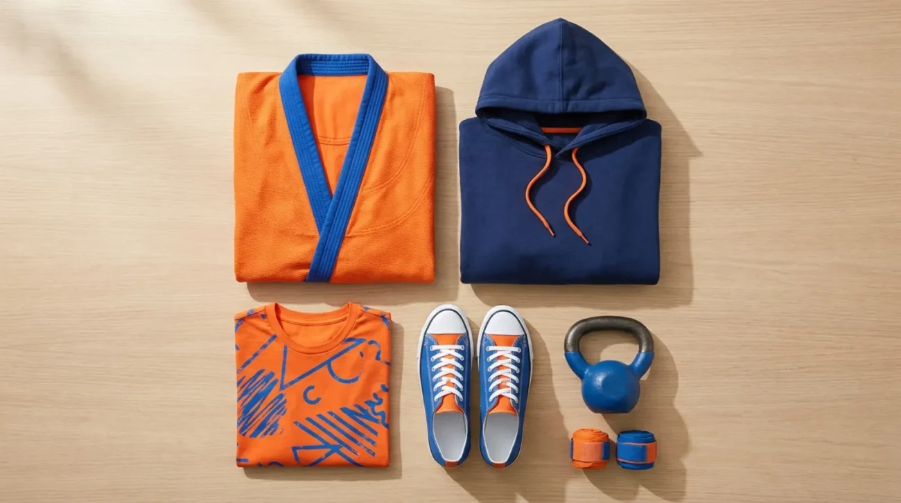 Dragon Ball shirt and saga merch flat lay in orange and blue with training gear on light wood