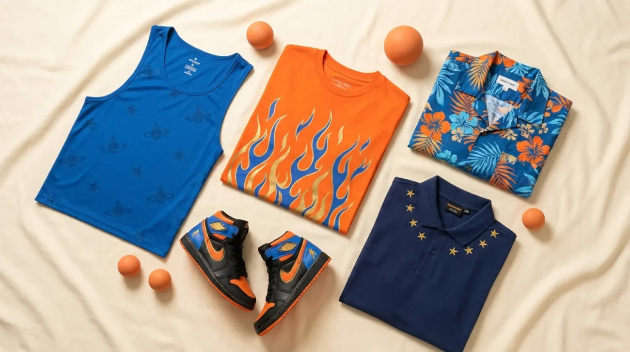 Flat-lay of Dragon Ball Series merch with an orange graphic tee, tank top, Hawaiian shirt, polo, and high-top sneakers