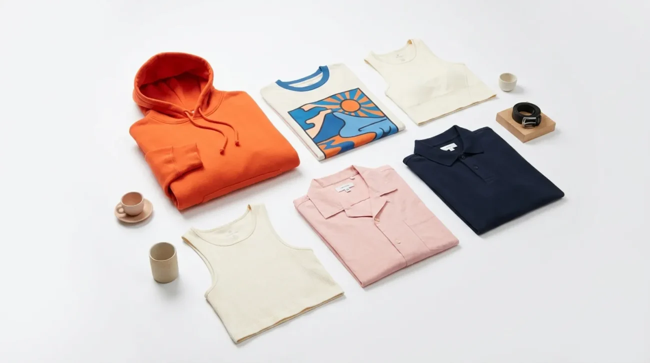Flat-lay of Dragon Ball Z shirt collection with orange hoodie, graphic tee, tank top, pink Hawaiian shirt, and polo