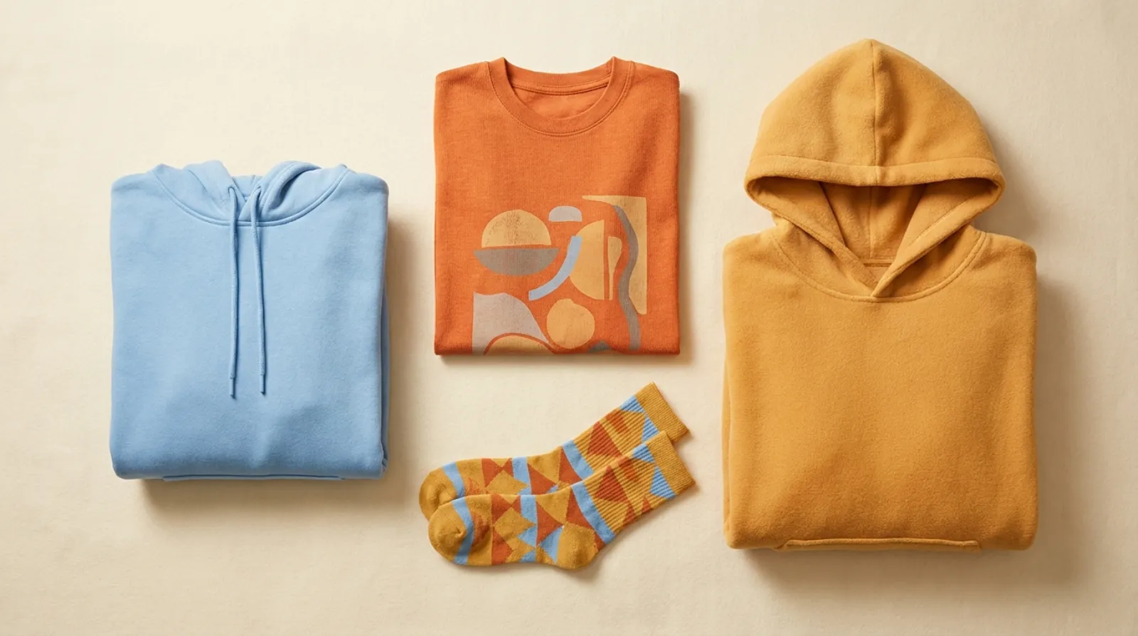 Dragonite merch apparel and socks flat lay in warm orange and amber tones