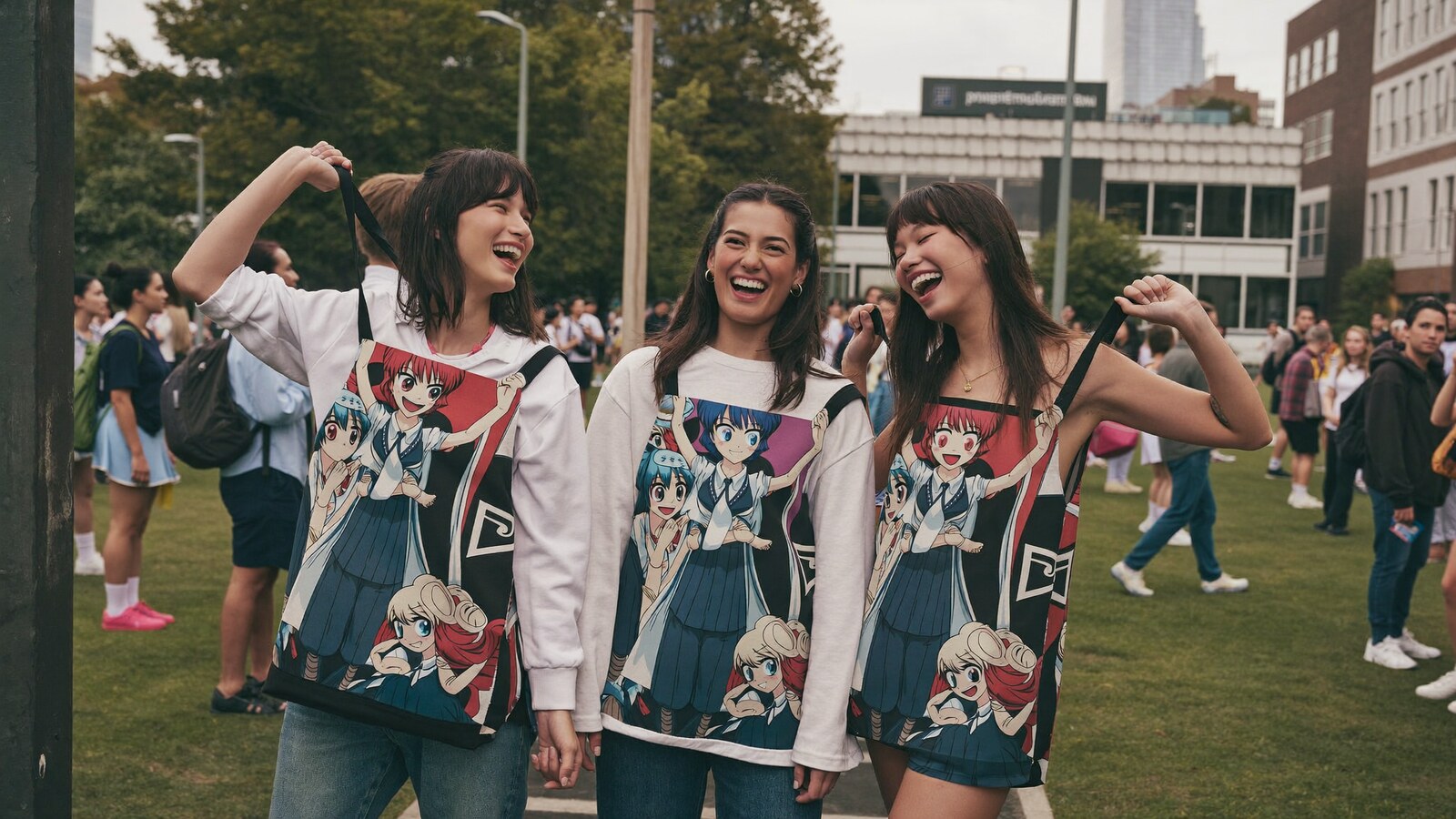 Anime-inspired drawstring bags in a social or layered scene with friends