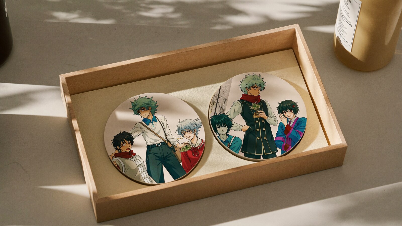 Anime-inspired drink coasters in a social or layered scene with friends