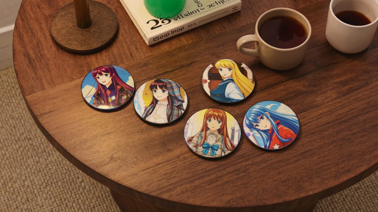 Person wearing an anime-inspired drink coasters in an editorial scene