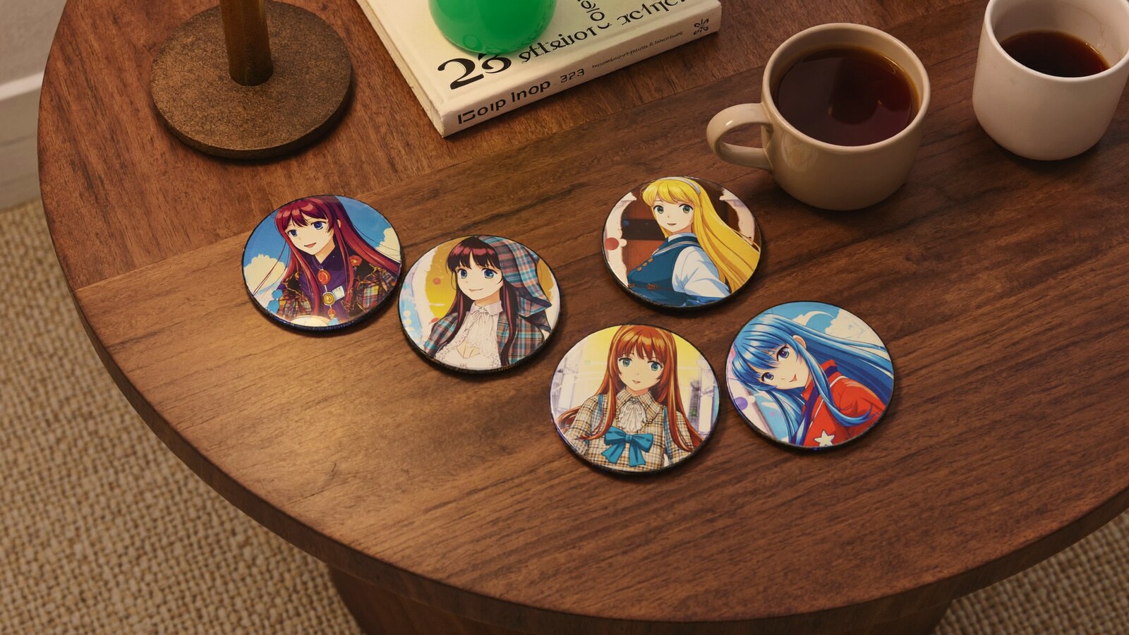 Person wearing an anime-inspired drink coasters in an editorial scene