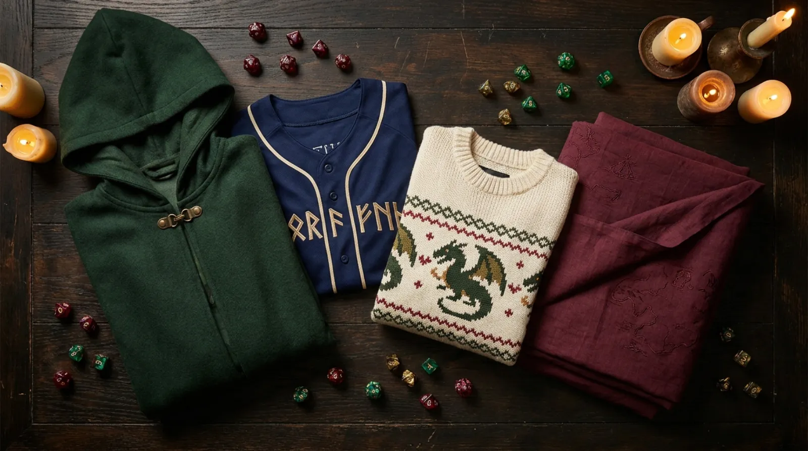 Dungeons & Dragons merch flat lay with a hooded cloak coat, jersey and dice in jewel tones on dark wood