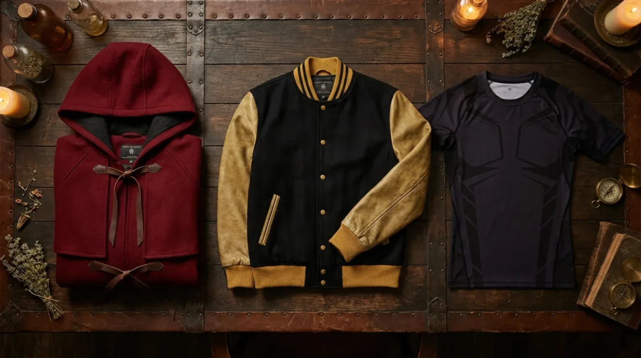 Edward Elric merch flat lay with Fullmetal Alchemist red cloak in red, black and gold