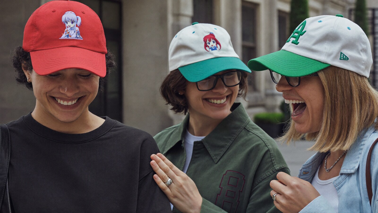 Anime-inspired embroidered baseball cap in a social or layered scene with friends