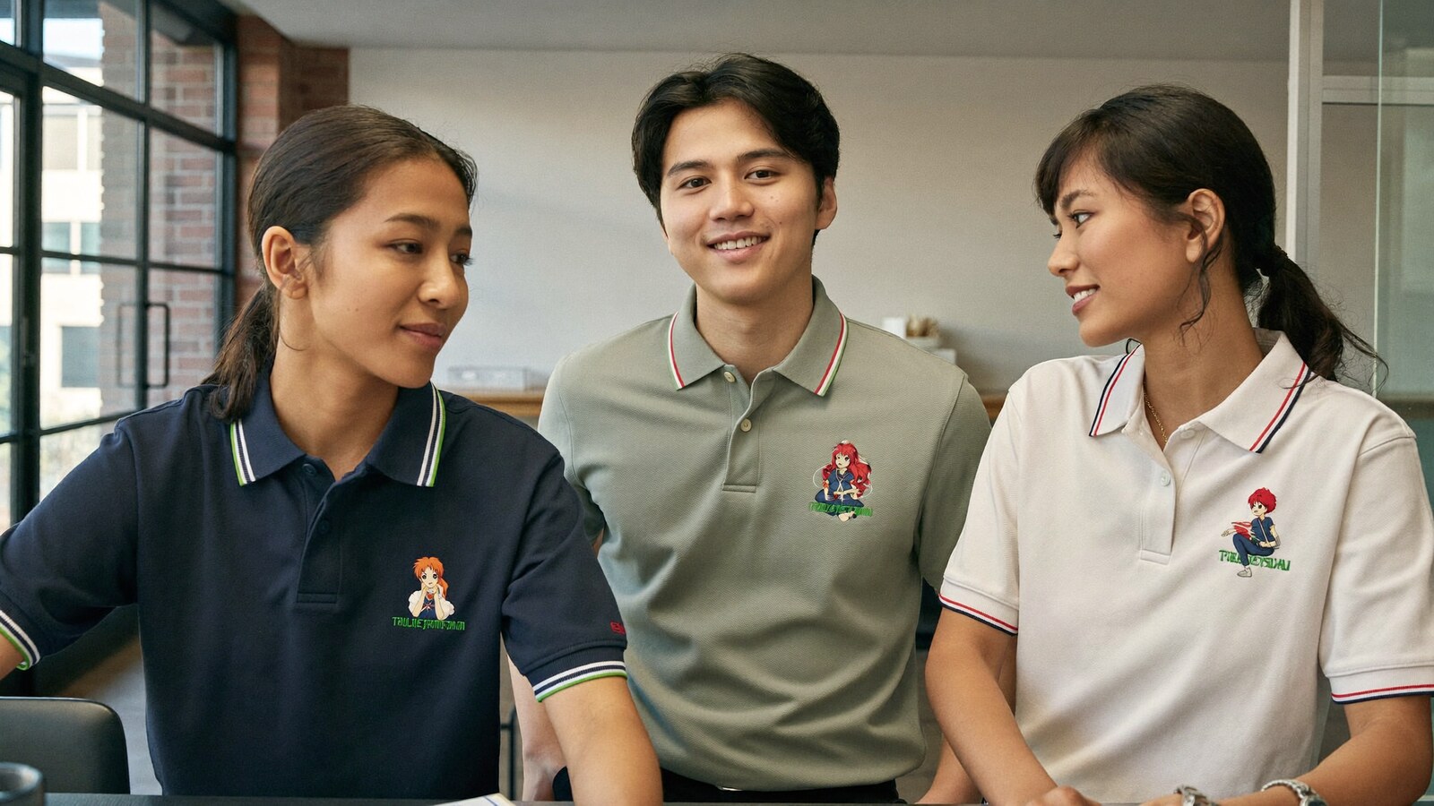 Anime-inspired embroidered polo shirt in a social or layered scene with friends