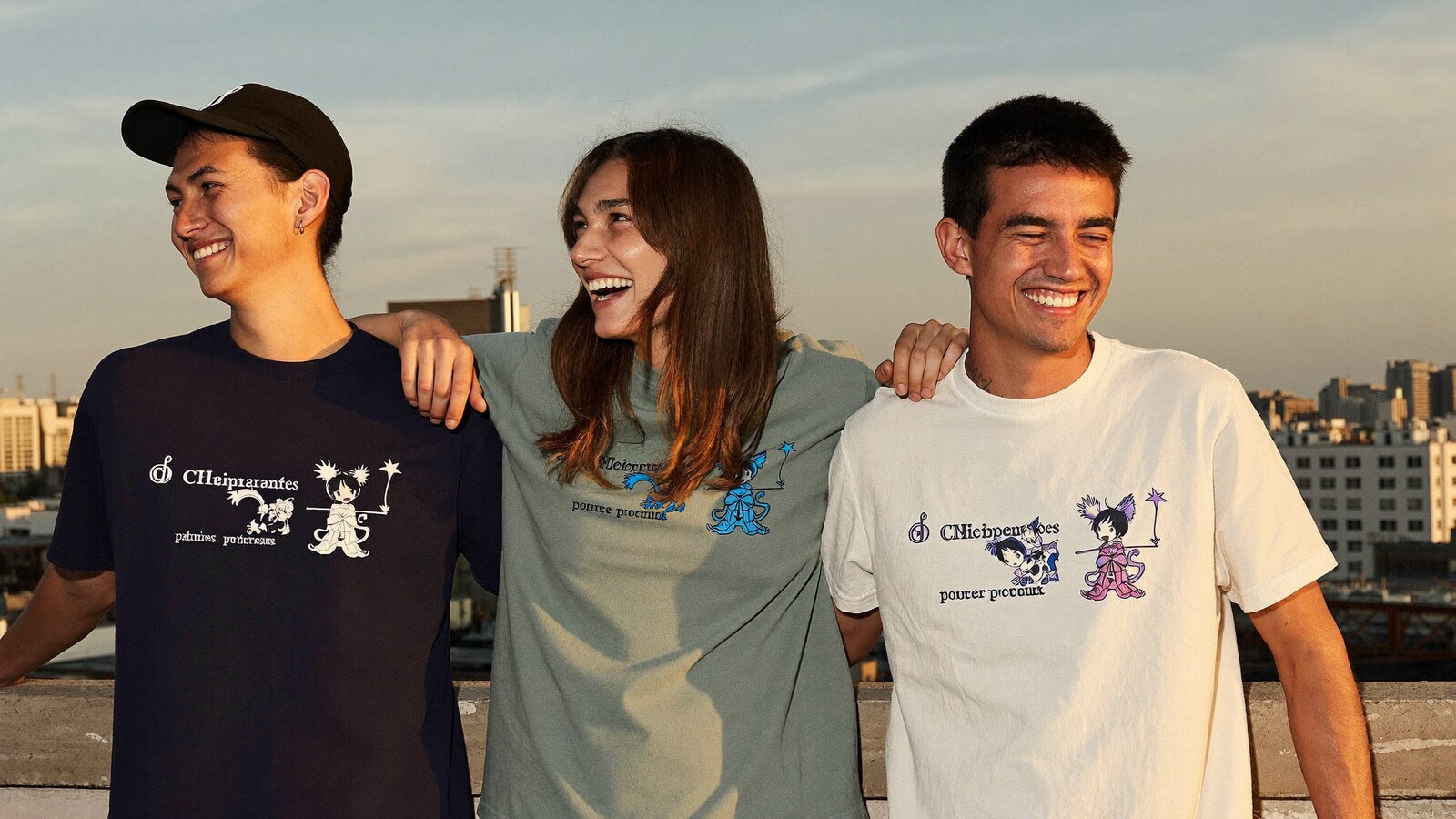 Anime-inspired embroidered t shirt in a social or layered scene with friends
