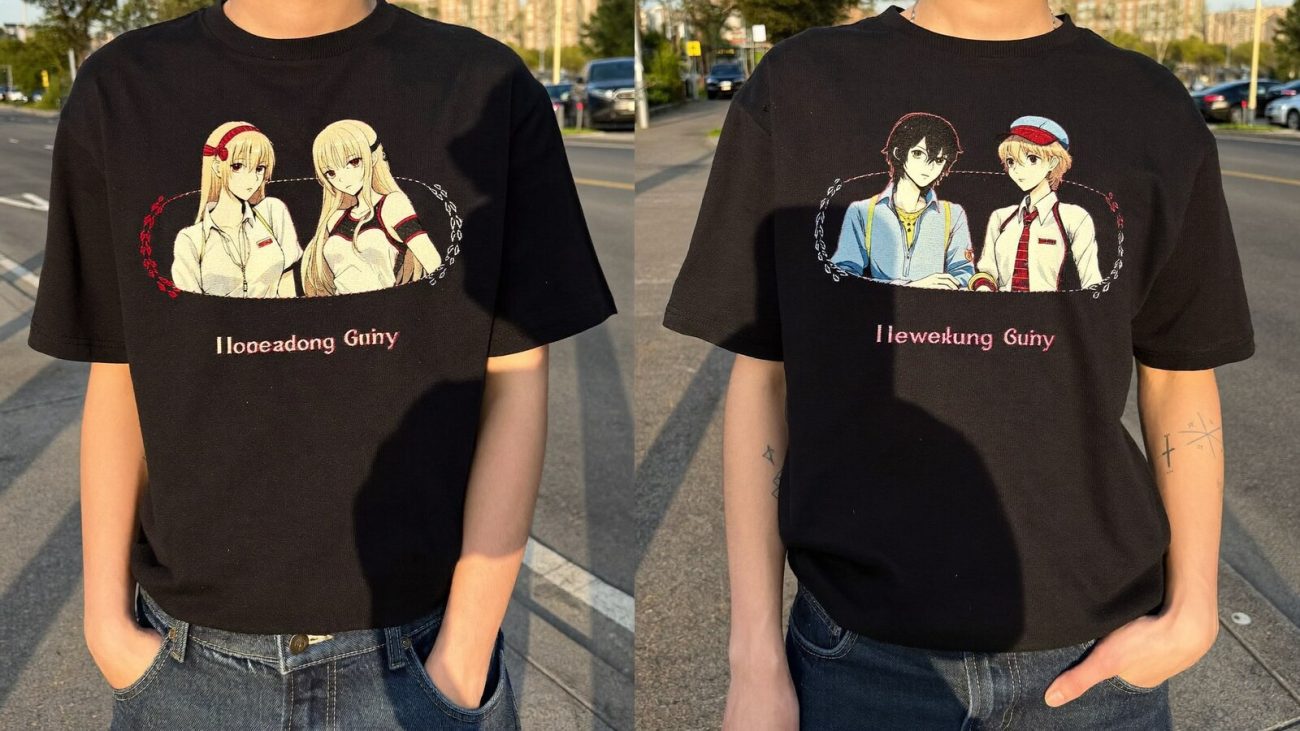 Person wearing an anime-inspired embroidered t shirt in an editorial scene
