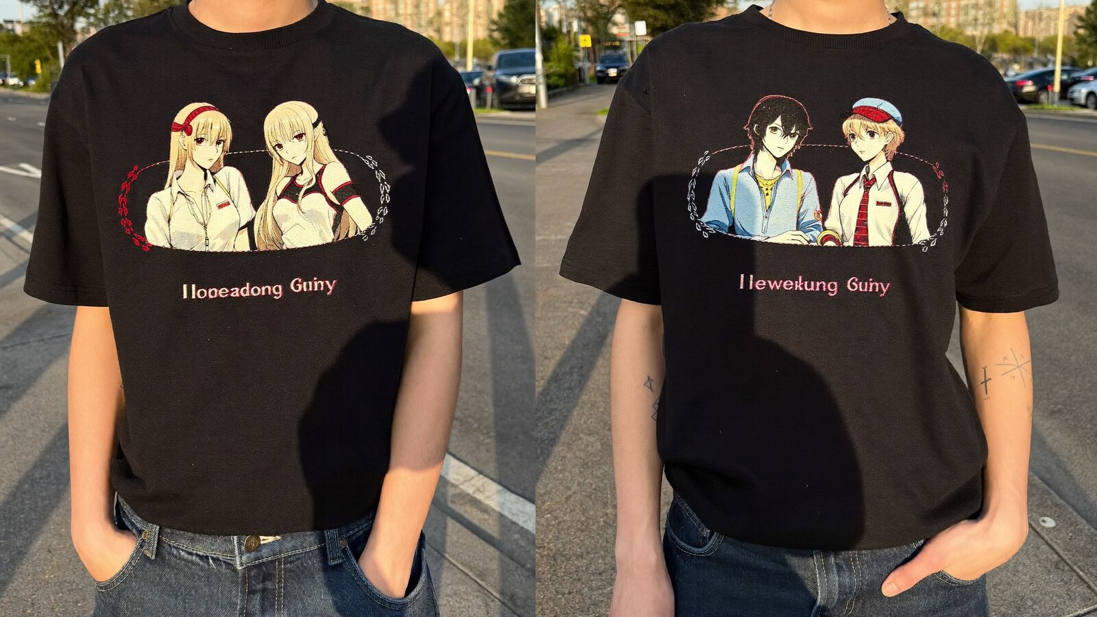 Person wearing an anime-inspired embroidered t shirt in an editorial scene