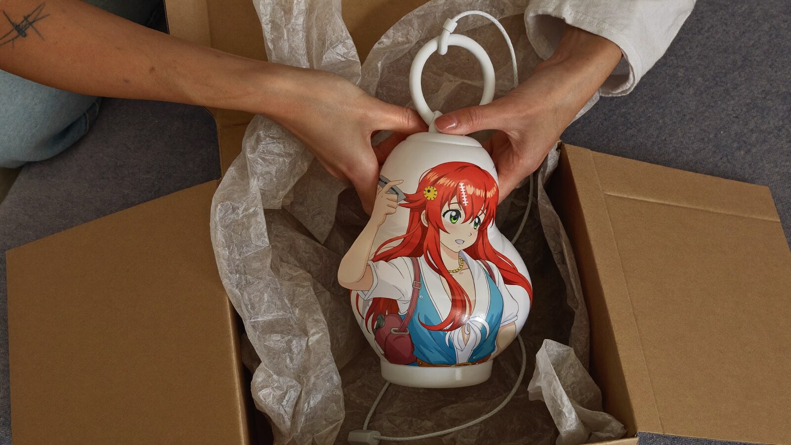 Anime-inspired epoxy lamp in a social or layered scene with friends