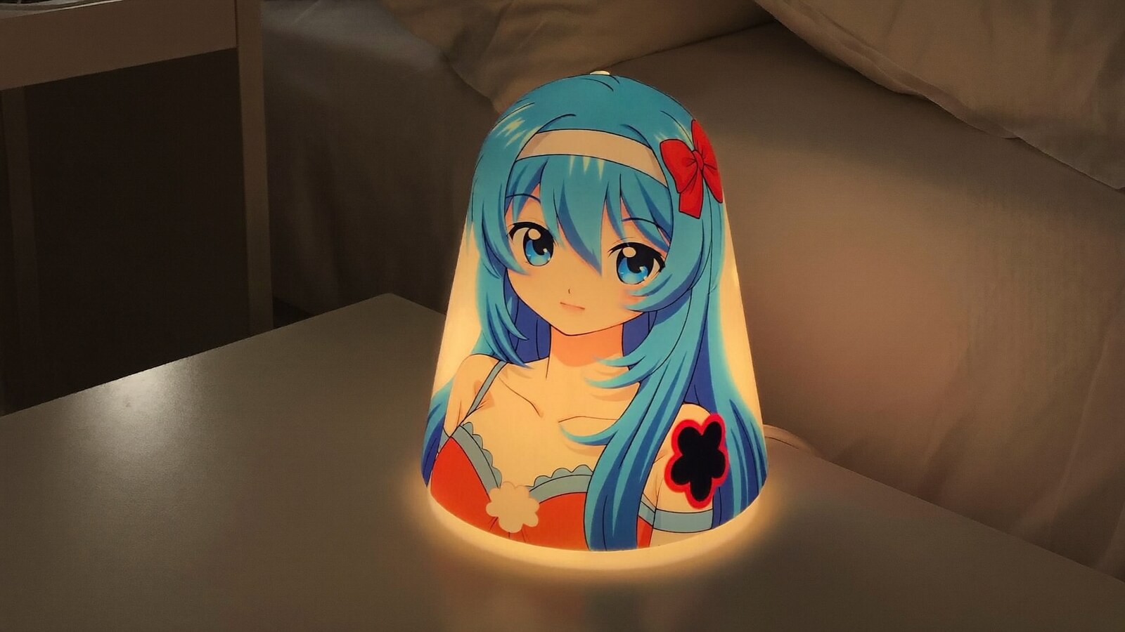 Anime-inspired epoxy lamp styled in a cinematic scene