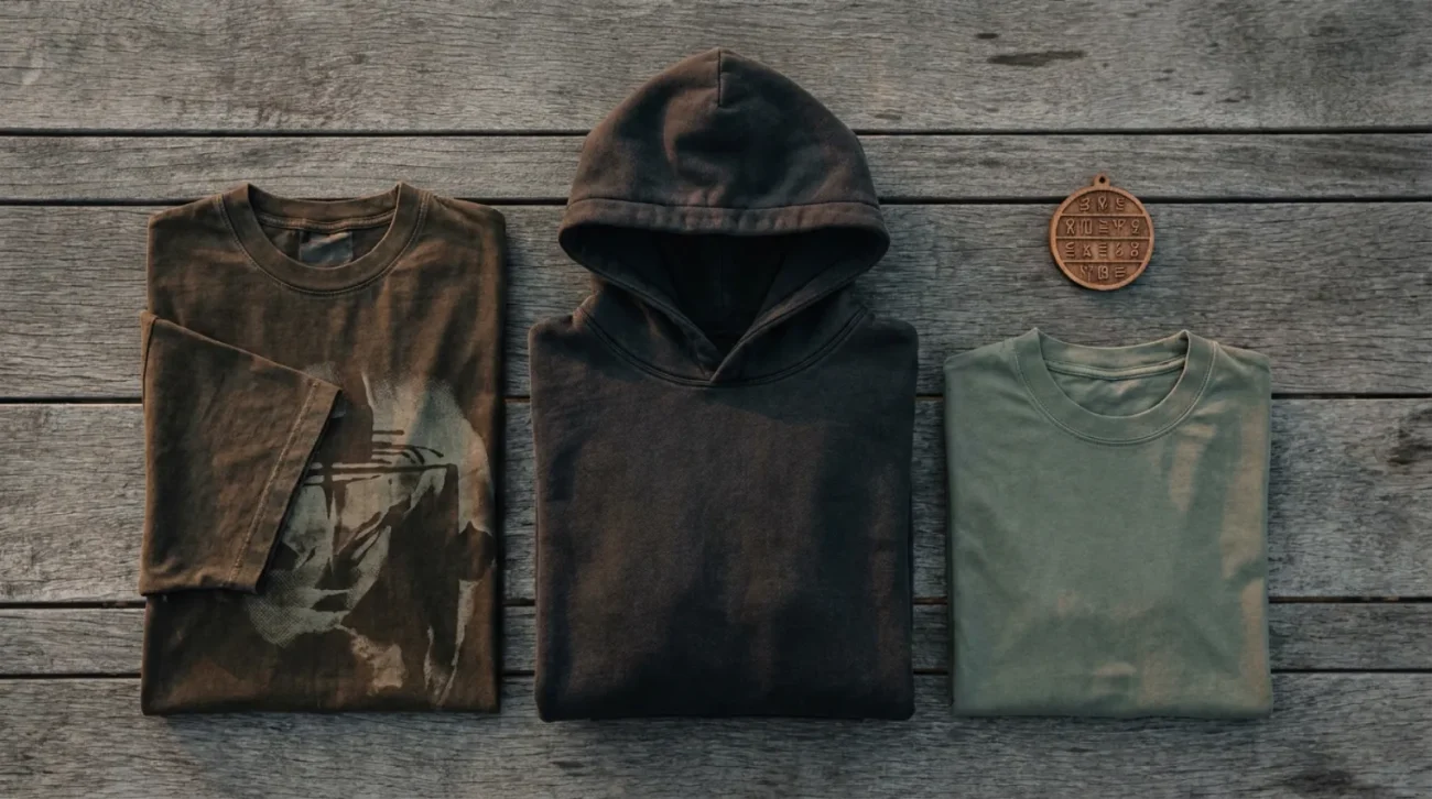 Flat-lay of Eren Yeager merch including a vintage Attack on Titan tee, a dark hoodie and a wood ornament