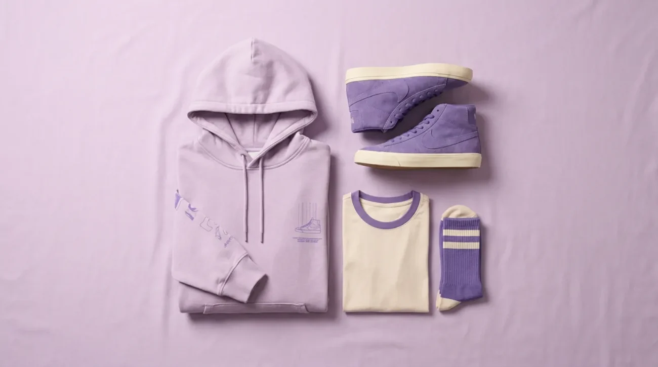 Espeon merch flat lay with lavender hoodie, tee, and purple sneakers