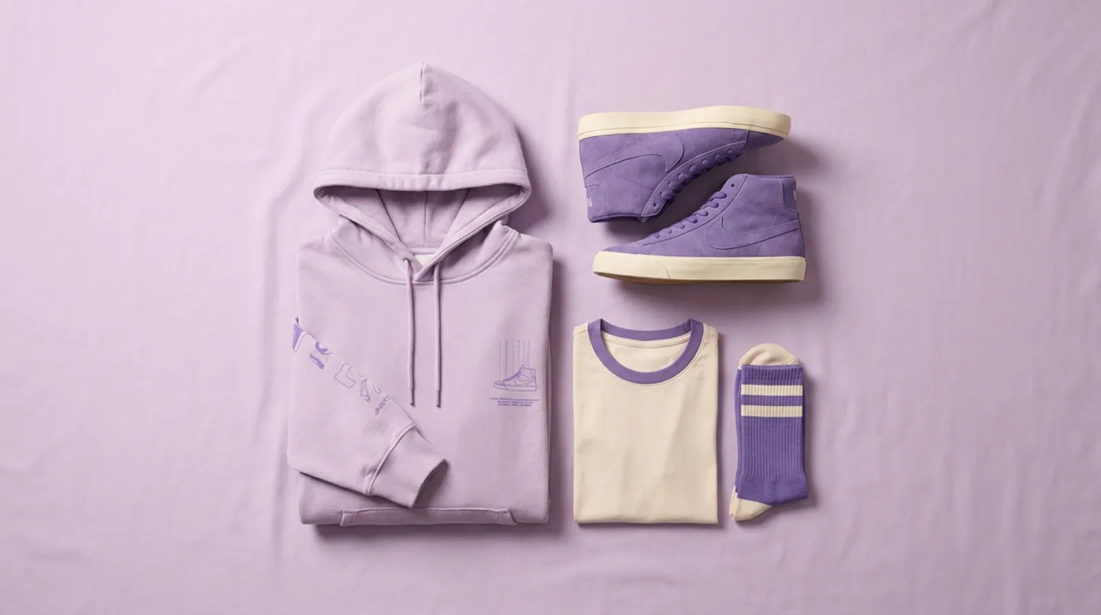 Espeon merch flat lay with lavender hoodie, tee, and purple sneakers