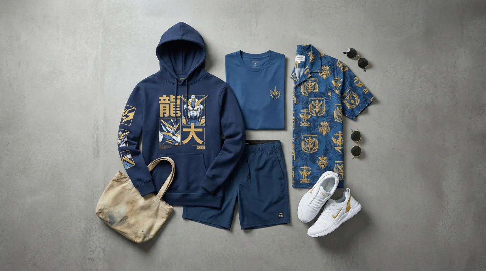 Blue and gold Fate merch streetwear outfit with hoodie, Hawaiian shirt, and sneakers flat-lay