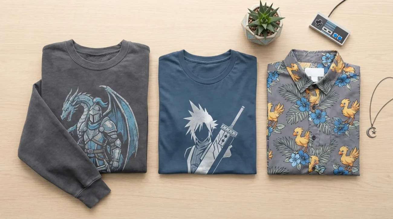 Final Fantasy merch flat lay with JRPG-inspired sweatshirt, tee and chocobo Hawaiian shirt on light wood