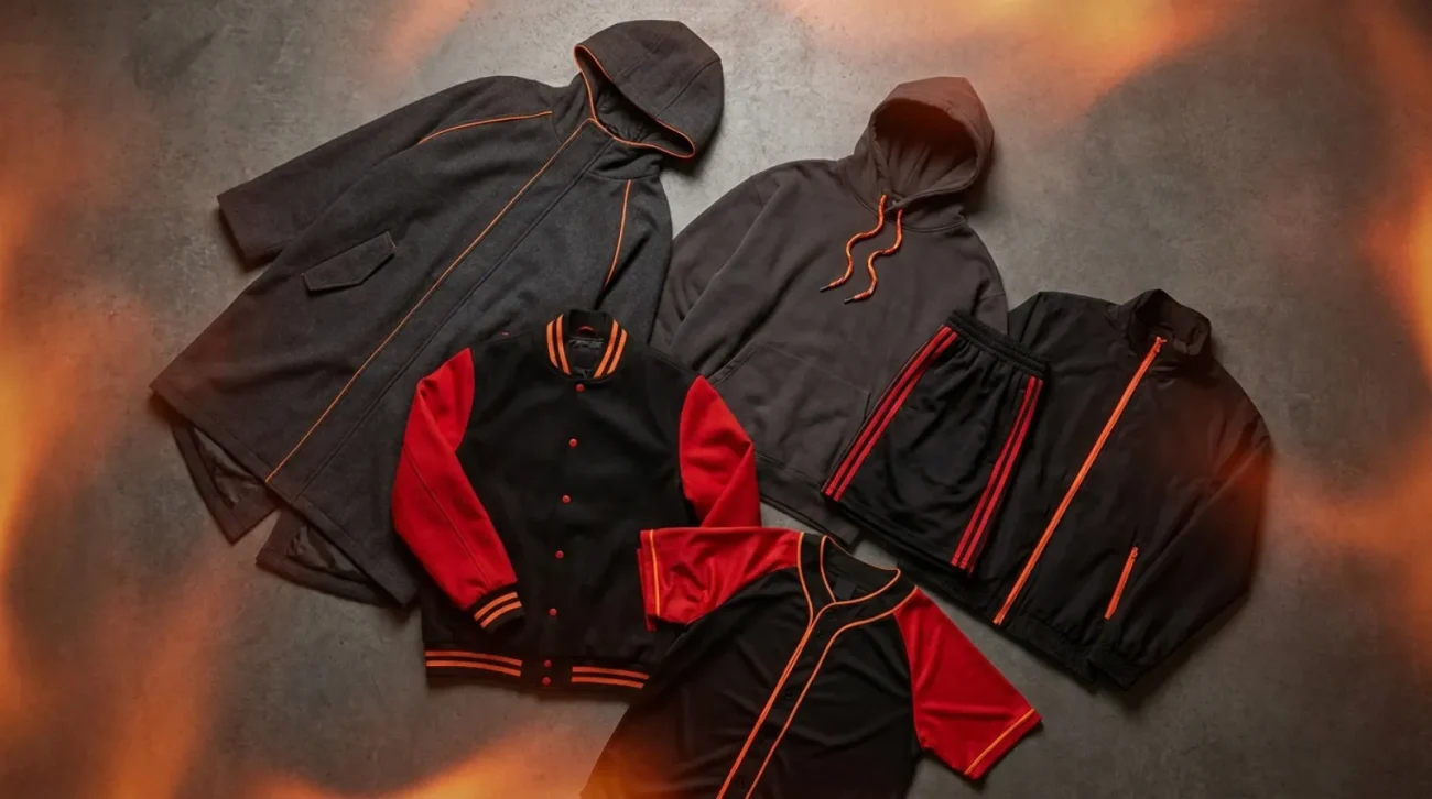 Fire Force merch apparel flat lay with cloak coat, varsity jacket, and hoodie